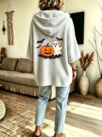Full Size Oversized Halloween Pumpkin Ghost Graphic Hoodie Plus Size - Bitsy Gypsy Boutique