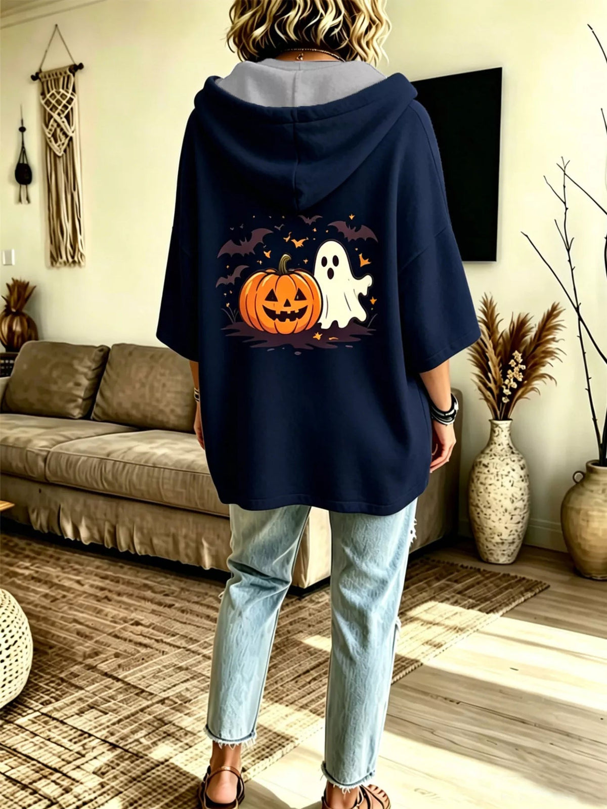 Full Size Oversized Halloween Pumpkin Ghost Graphic Hoodie Plus Size - Bitsy Gypsy Boutique