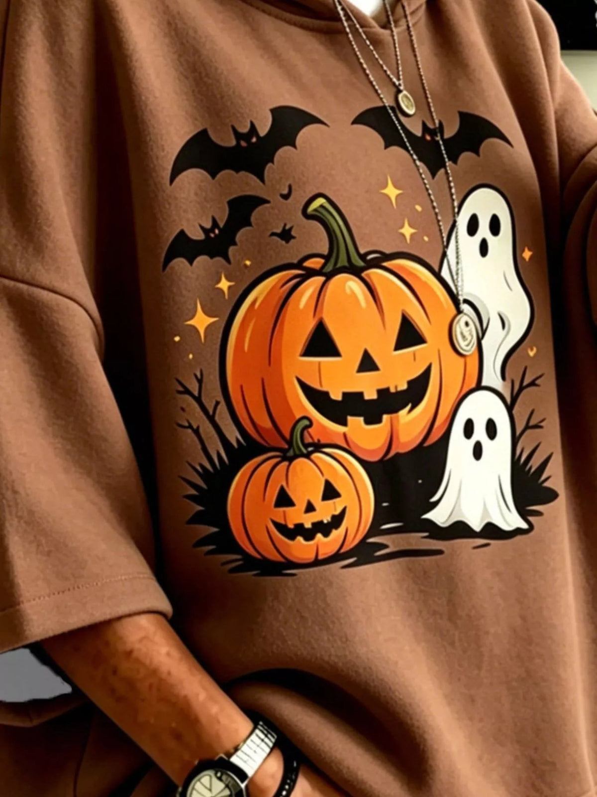Full Size Oversized Halloween Pumpkin Ghost Graphic Hoodie Plus Size - Bitsy Gypsy Boutique