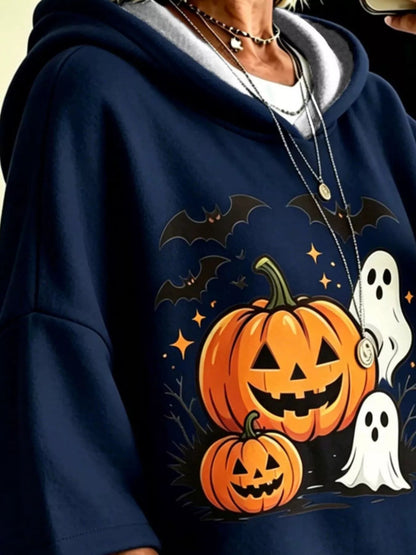 Full Size Oversized Halloween Pumpkin Ghost Graphic Hoodie Plus Size - Bitsy Gypsy Boutique