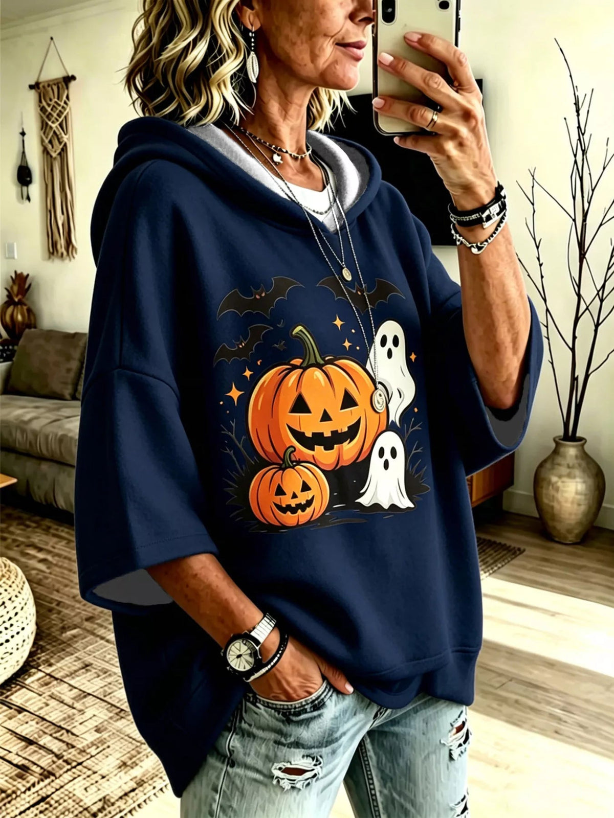 Full Size Oversized Halloween Pumpkin Ghost Graphic Hoodie Plus Size - Bitsy Gypsy Boutique