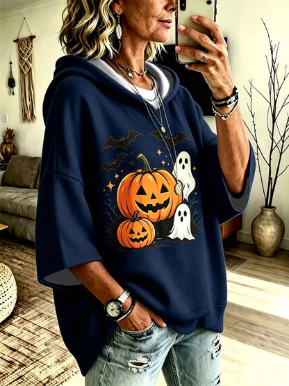 Full Size Oversized Halloween Pumpkin Ghost Graphic Hoodie Plus Size - Bitsy Gypsy Boutique