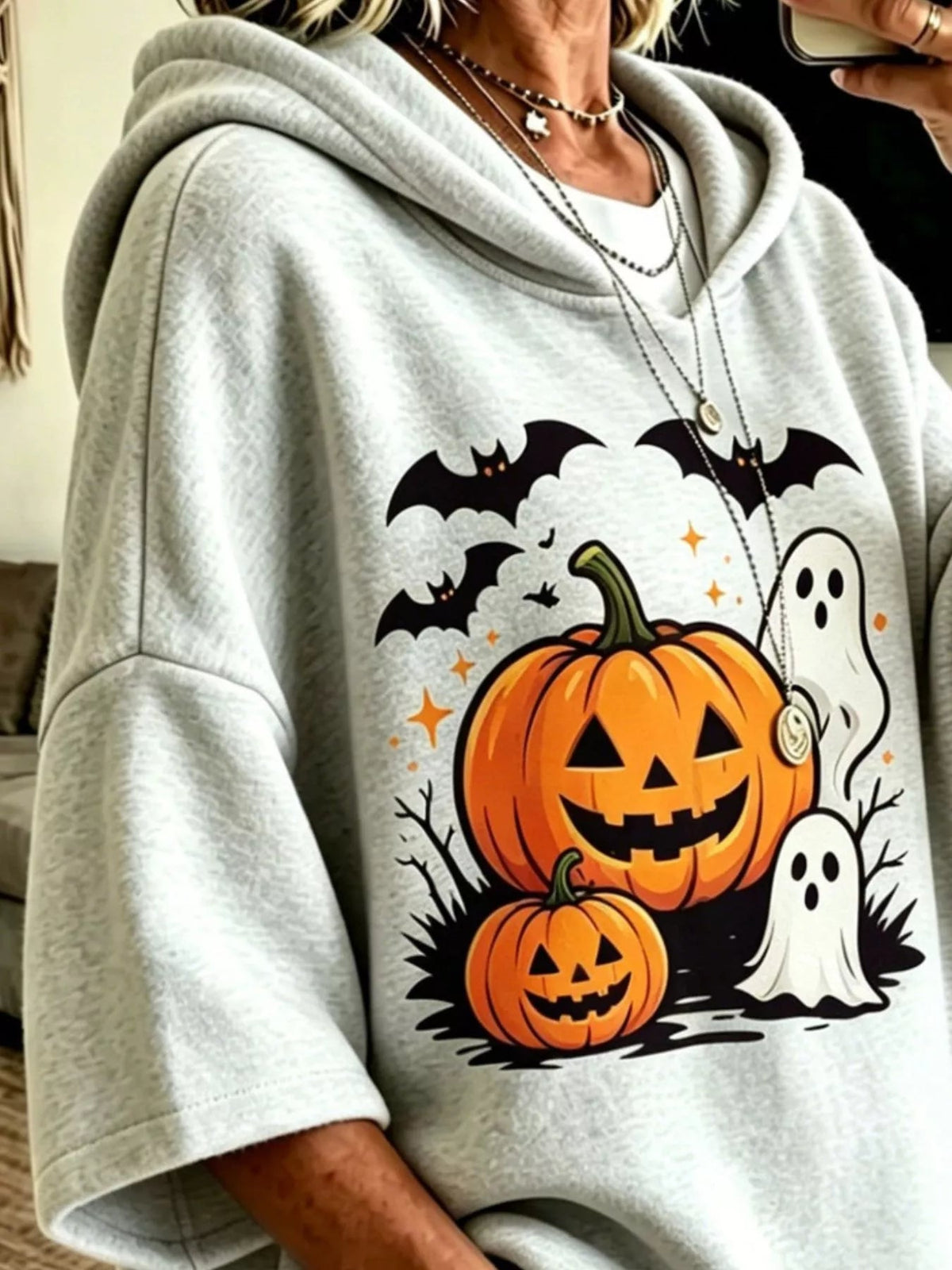 Full Size Oversized Halloween Pumpkin Ghost Graphic Hoodie Plus Size - Bitsy Gypsy Boutique