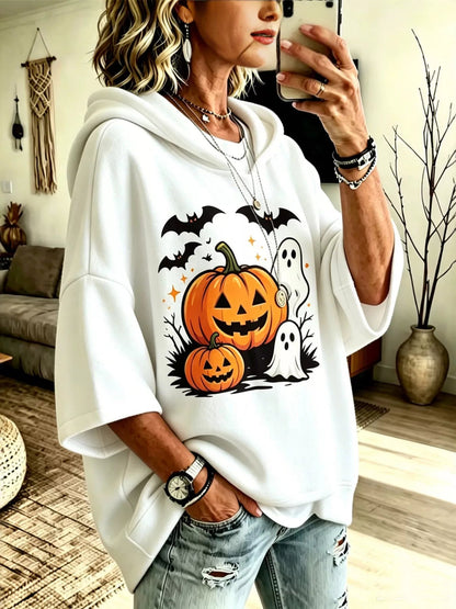 Full Size Oversized Halloween Pumpkin Ghost Graphic Hoodie Plus Size - Bitsy Gypsy Boutique