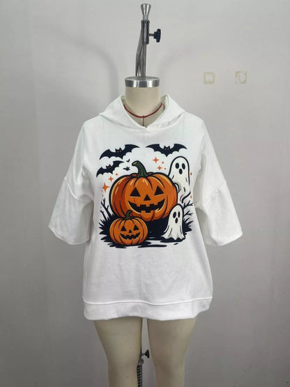 Full Size Oversized Halloween Pumpkin Ghost Graphic Hoodie Plus Size - Bitsy Gypsy Boutique