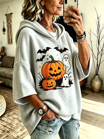Full Size Oversized Halloween Pumpkin Ghost Graphic Hoodie Plus Size - Bitsy Gypsy Boutique