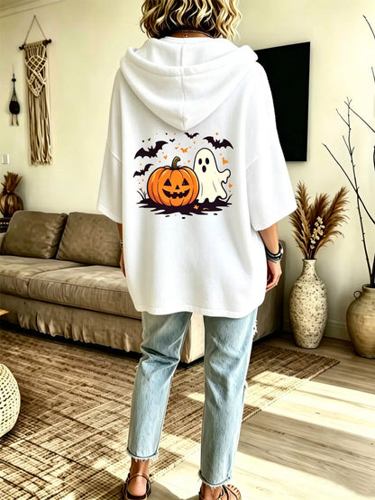 Full Size Oversized Halloween Pumpkin Ghost Graphic Hoodie Plus Size - Bitsy Gypsy Boutique