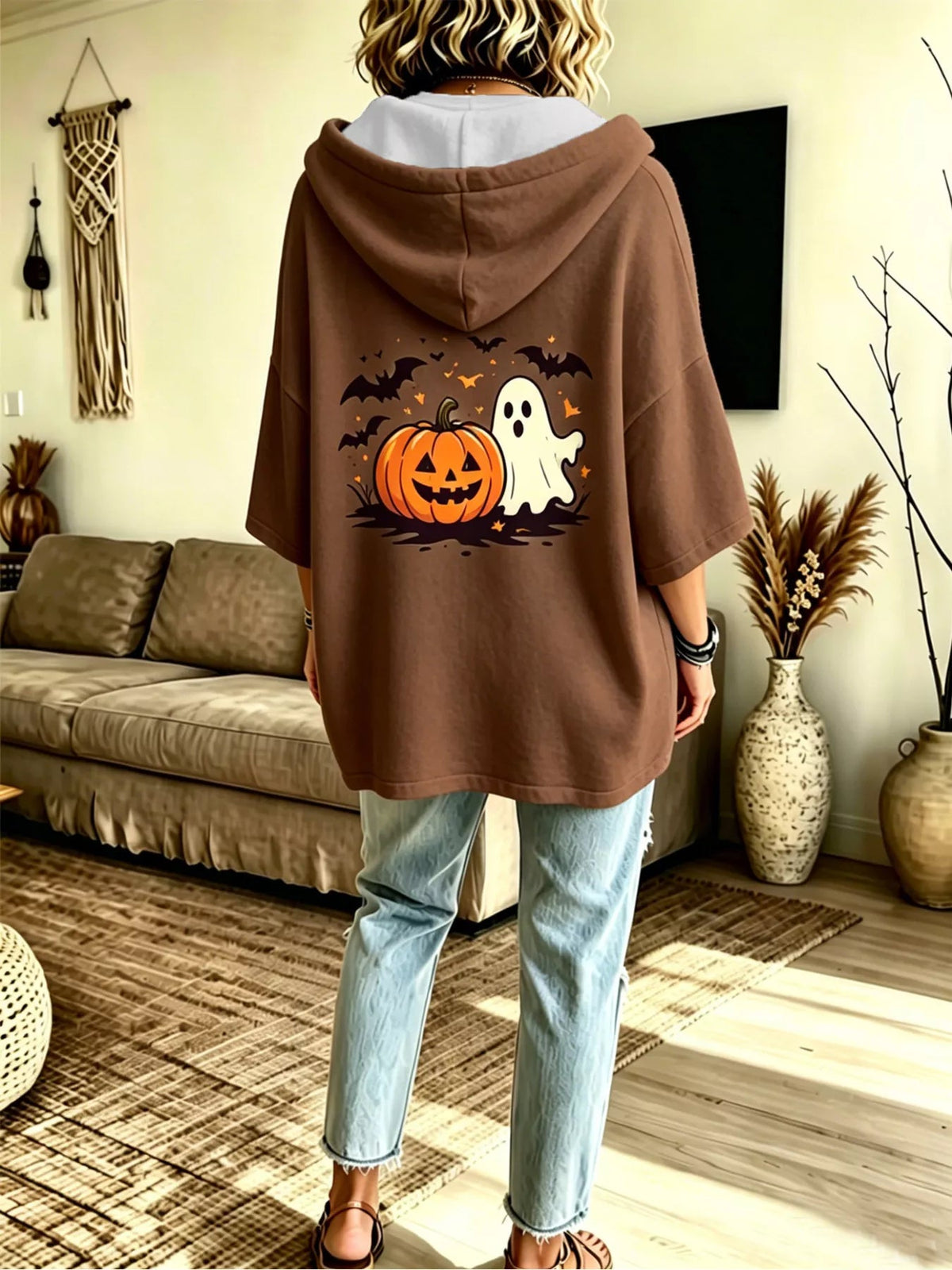 Full Size Oversized Halloween Pumpkin Ghost Graphic Hoodie Plus Size - Bitsy Gypsy Boutique