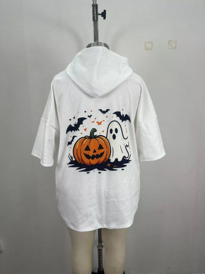 Full Size Oversized Halloween Pumpkin Ghost Graphic Hoodie Plus Size - Bitsy Gypsy Boutique