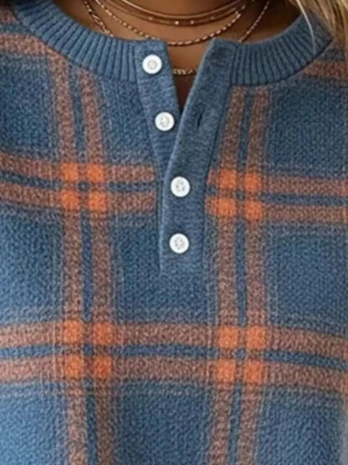 Full Size Plaid Button Detail Long Sleeve Sweatshirt Plus Size - Bitsy Gypsy Boutique