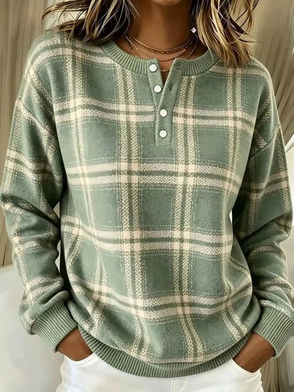 Full Size Plaid Button Detail Long Sleeve Sweatshirt Plus Size - Bitsy Gypsy Boutique