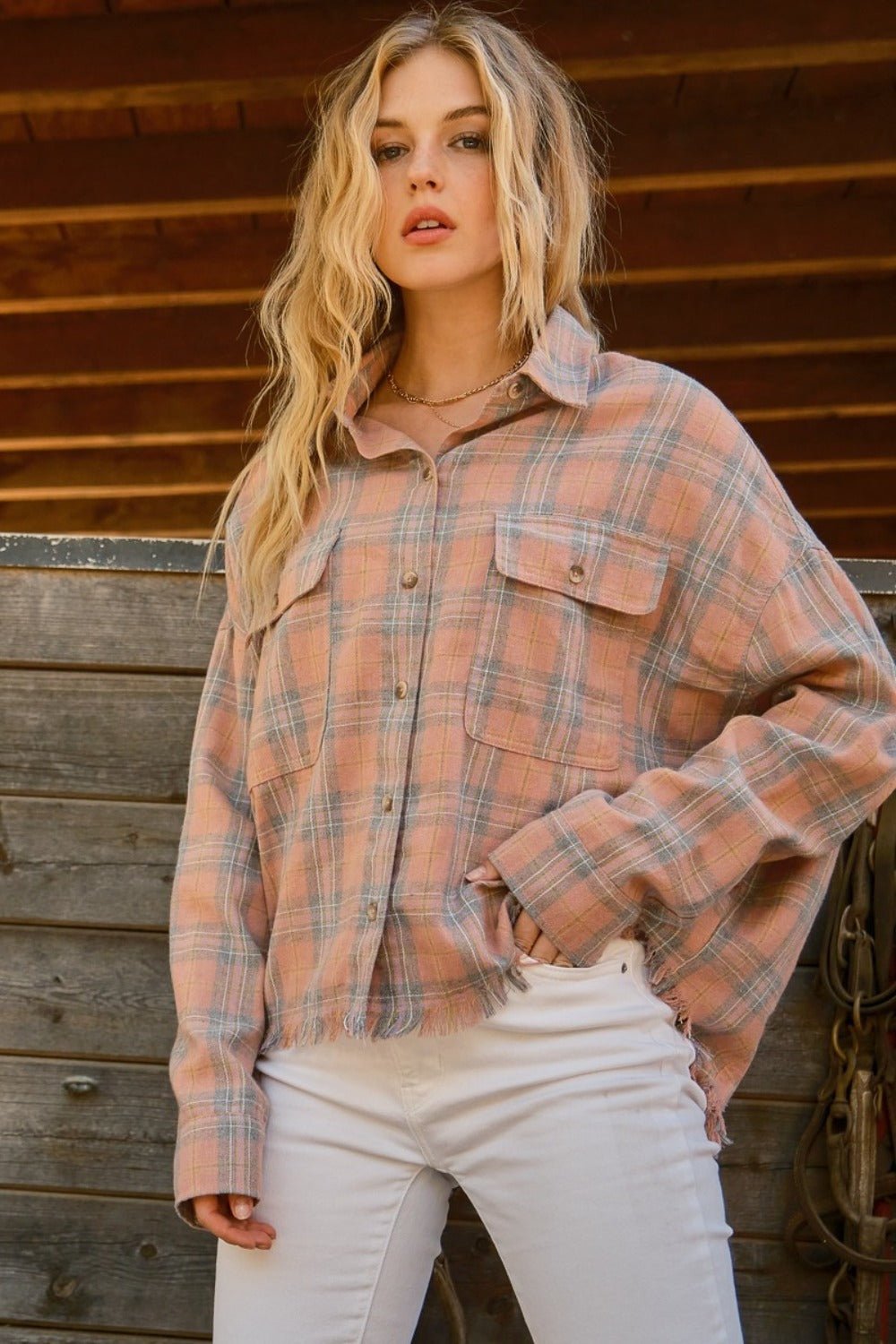 Full Size Plaid Button Up Raw Hem Shirt - Bitsy Gypsy Boutique