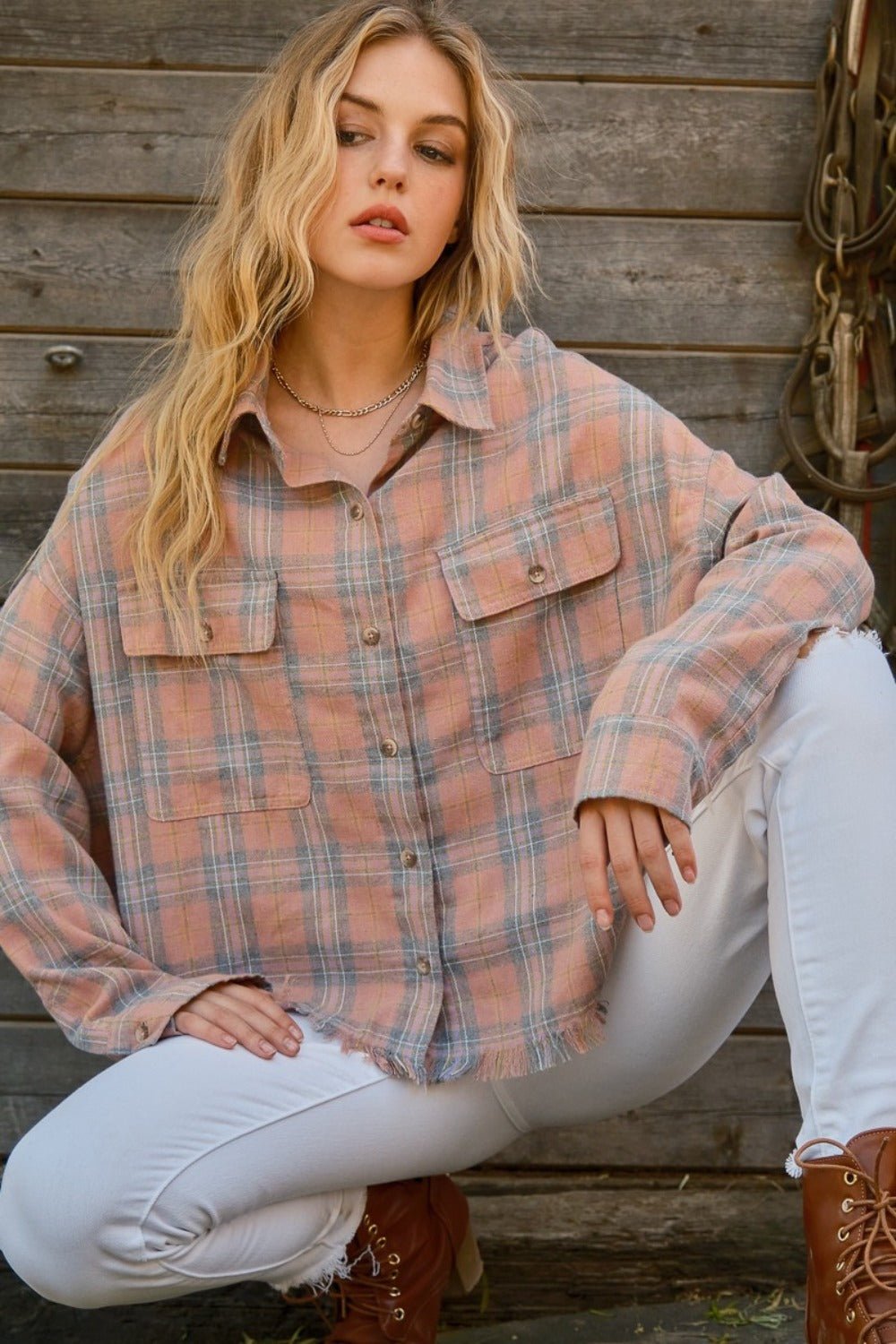 Full Size Plaid Button Up Raw Hem Shirt - Bitsy Gypsy Boutique