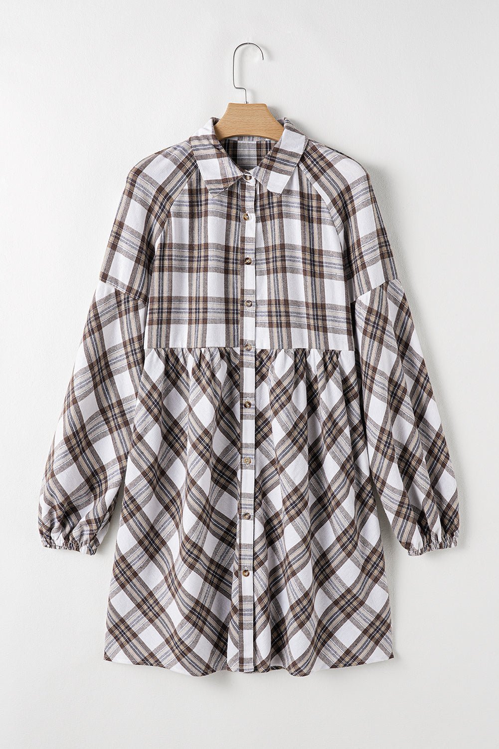 Full Size Plaid Collared Neck Balloon Sleeve Mini Shirt Dress - Bitsy Gypsy Boutique