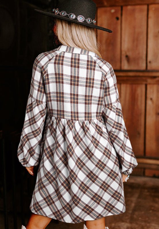 Full Size Plaid Collared Neck Balloon Sleeve Mini Shirt Dress - Bitsy Gypsy Boutique