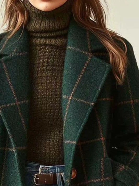 Full Size Plaid Lapel Collar Longline Single-Breasted Overcoat Plus Size - Bitsy Gypsy Boutique