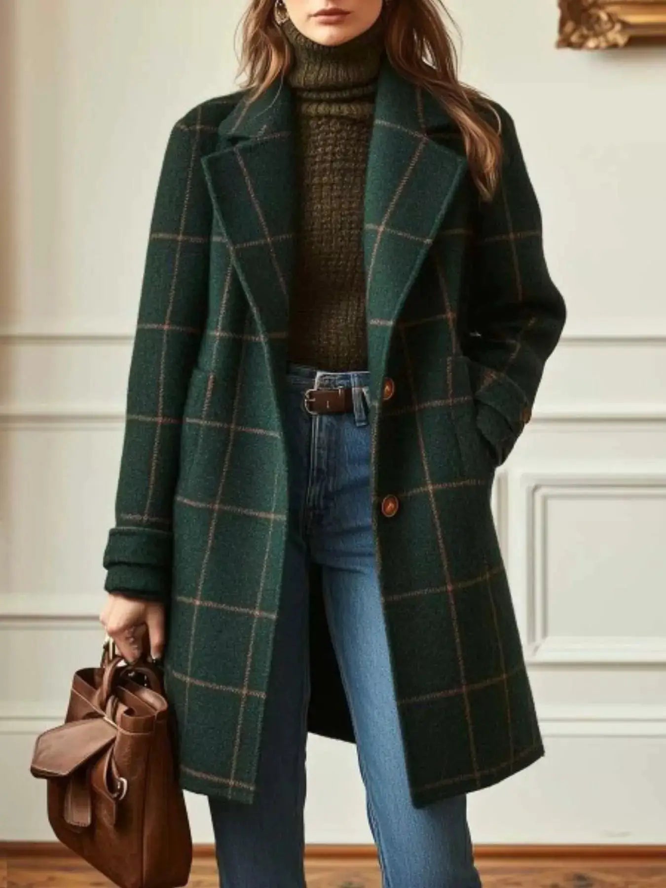 Full Size Plaid Lapel Collar Longline Single-Breasted Overcoat Plus Size - Bitsy Gypsy Boutique