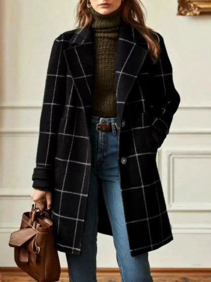Full Size Plaid Lapel Collar Longline Single-Breasted Overcoat Plus Size - Bitsy Gypsy Boutique