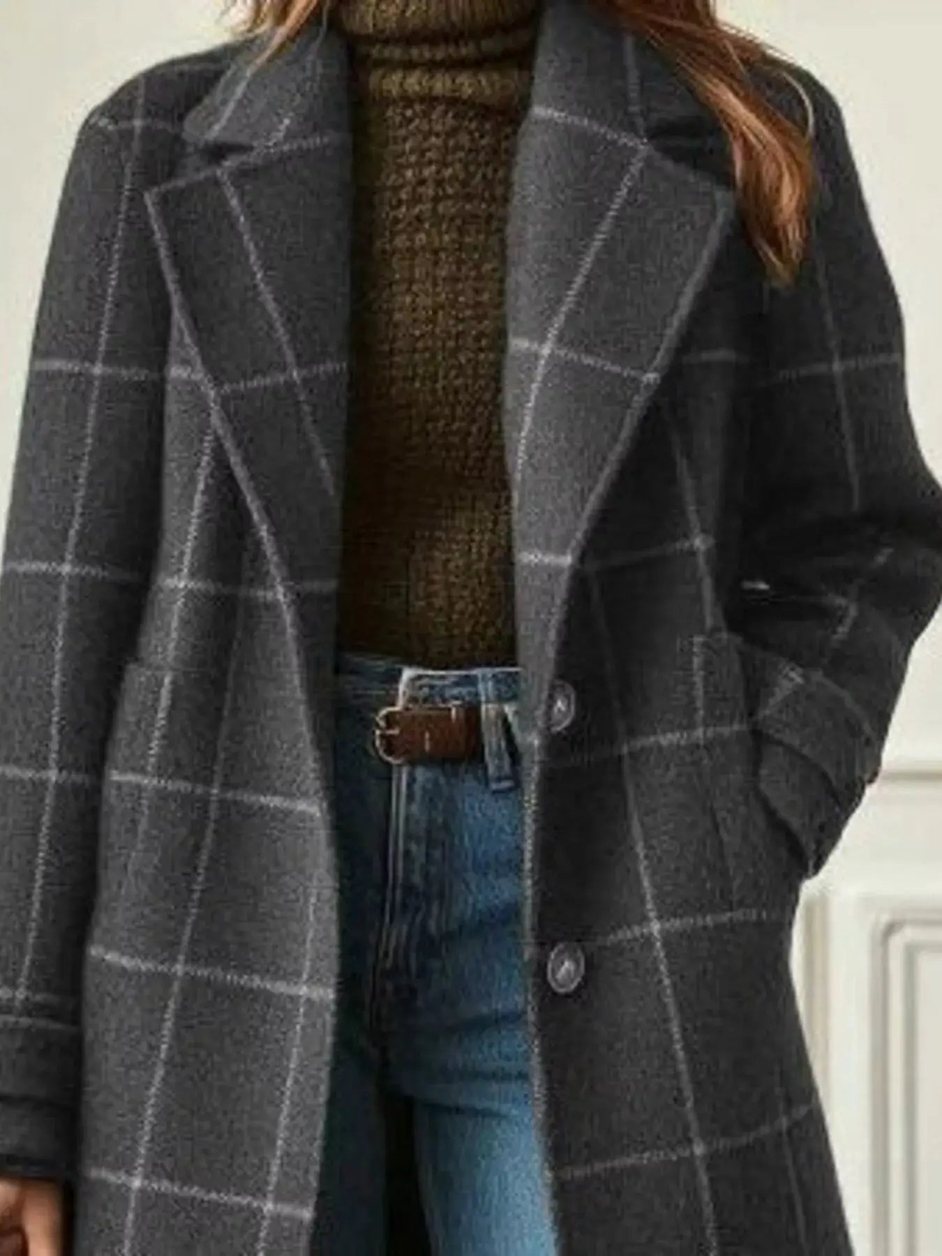 Full Size Plaid Lapel Collar Longline Single-Breasted Overcoat Plus Size - Bitsy Gypsy Boutique