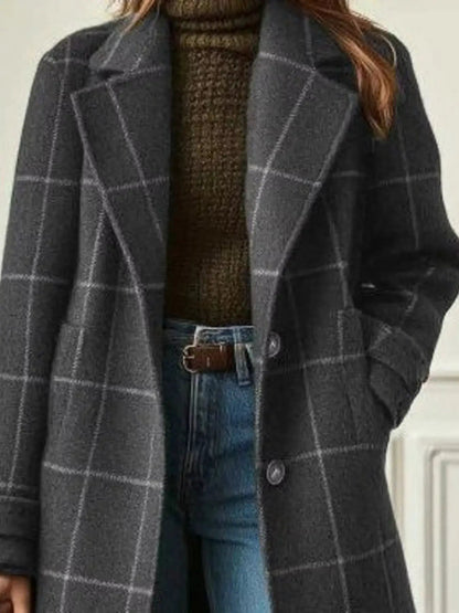 Full Size Plaid Lapel Collar Longline Single-Breasted Overcoat Plus Size - Bitsy Gypsy Boutique