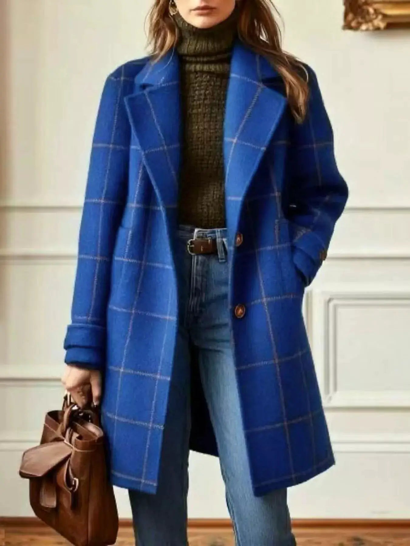 Full Size Plaid Lapel Collar Longline Single-Breasted Overcoat Plus Size - Bitsy Gypsy Boutique