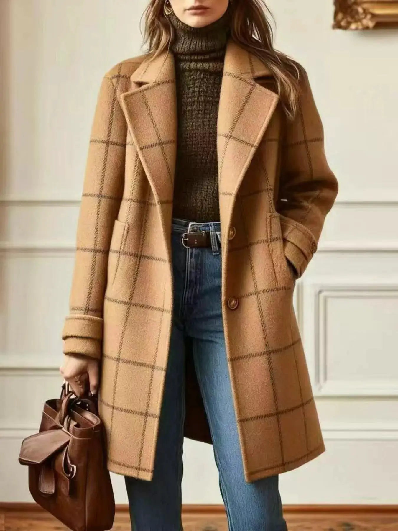 Full Size Plaid Lapel Collar Longline Single-Breasted Overcoat Plus Size - Bitsy Gypsy Boutique