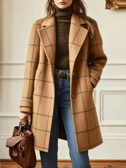 Full Size Plaid Lapel Collar Longline Single-Breasted Overcoat Plus Size - Bitsy Gypsy Boutique