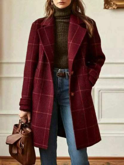 Full Size Plaid Lapel Collar Longline Single-Breasted Overcoat Plus Size - Bitsy Gypsy Boutique