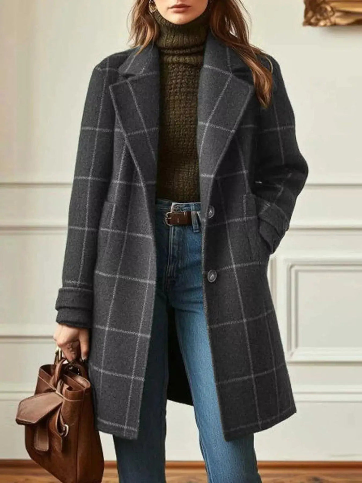Full Size Plaid Lapel Collar Longline Single-Breasted Overcoat Plus Size - Bitsy Gypsy Boutique