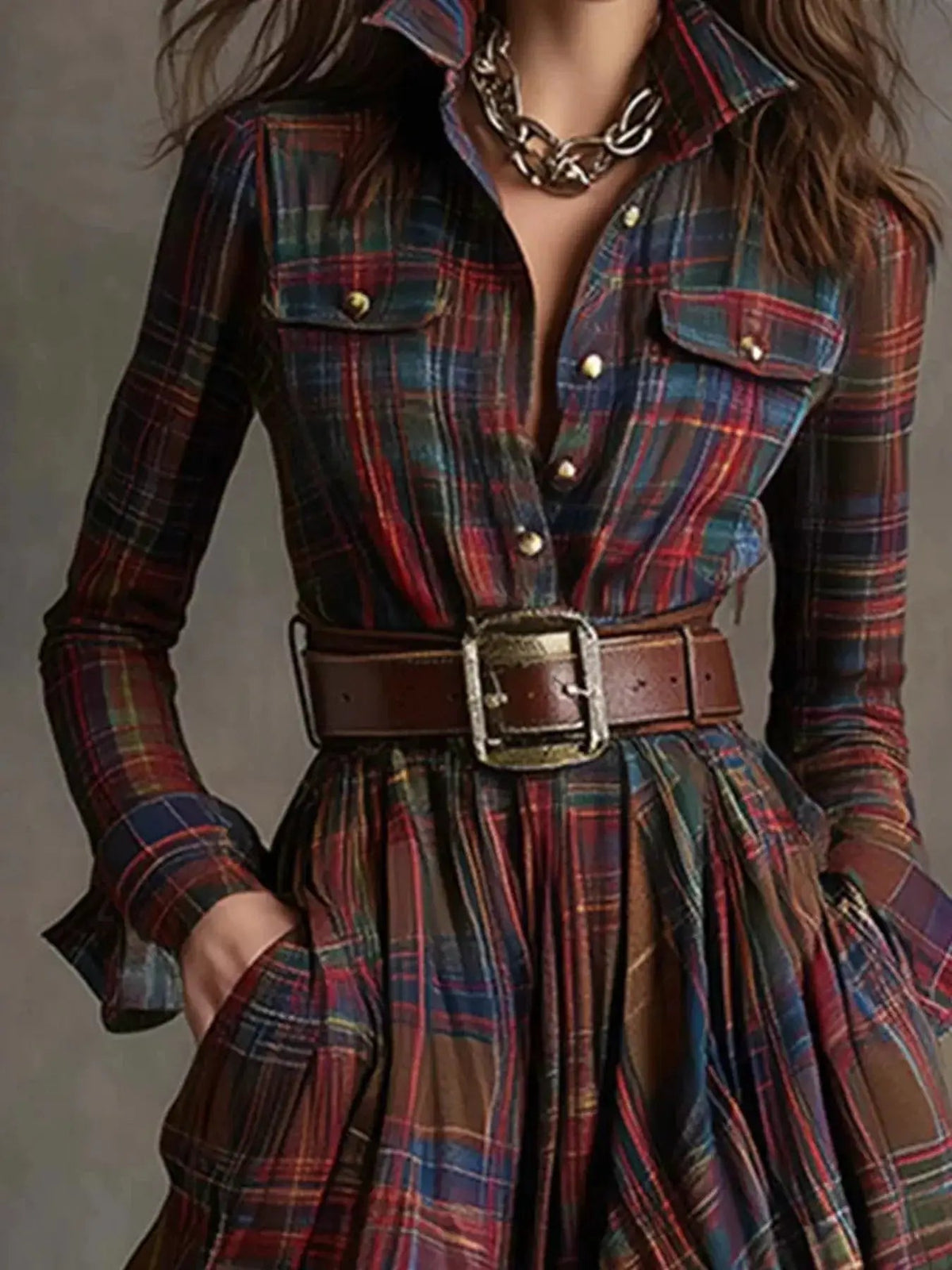 Full Size Plaid Long Sleeve Shirt Maxi Dress Plus Size - Bitsy Gypsy Boutique