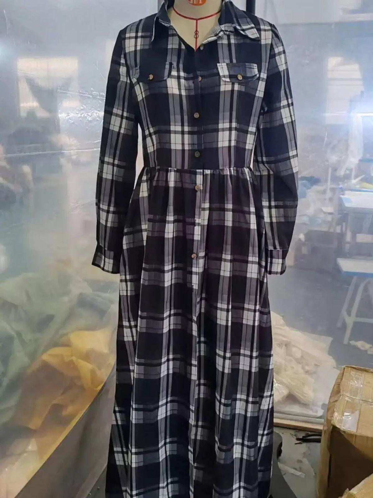 Full Size Plaid Long Sleeve Shirt Maxi Dress Plus Size - Bitsy Gypsy Boutique
