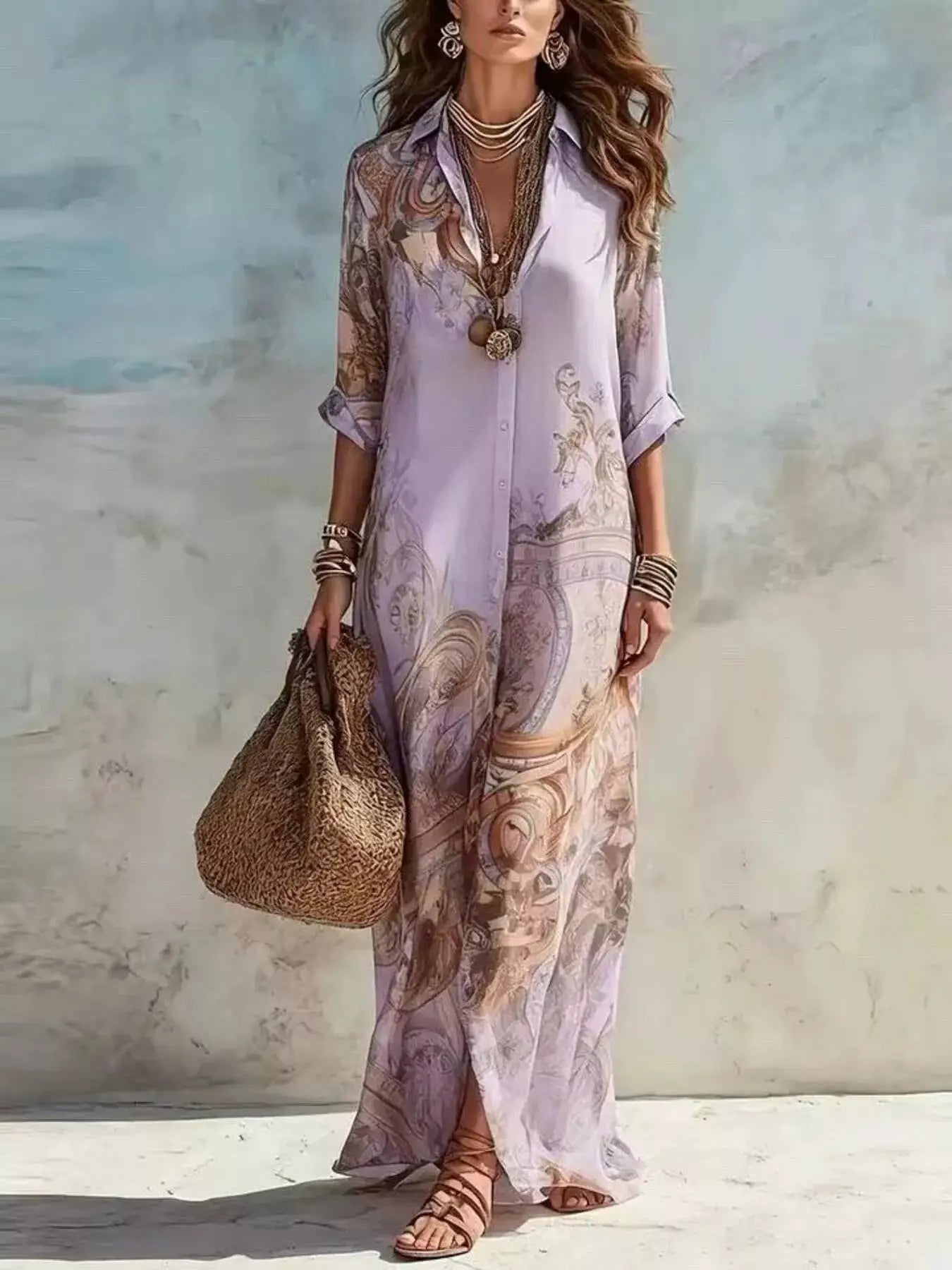 Full Size Printed Button Down Roll-Up Sleeve Shirt Maxi Dress Plus Size by Trendsi
