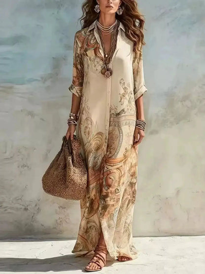 Full Size Printed Button Down Roll-Up Sleeve Shirt Maxi Dress Plus Size by Trendsi