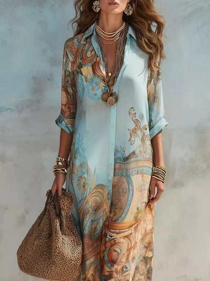 Full Size Printed Button Down Roll-Up Sleeve Shirt Maxi Dress Plus Size by Trendsi
