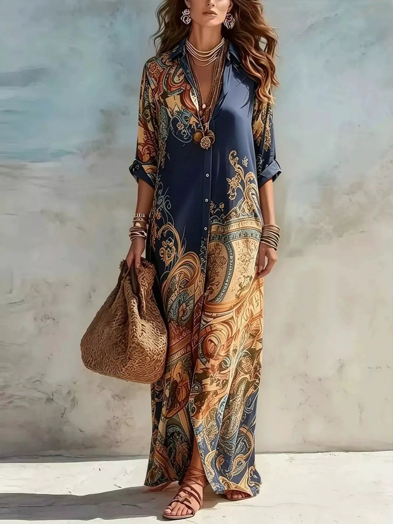 Full Size Printed Button Down Roll-Up Sleeve Shirt Maxi Dress Plus Size by Trendsi