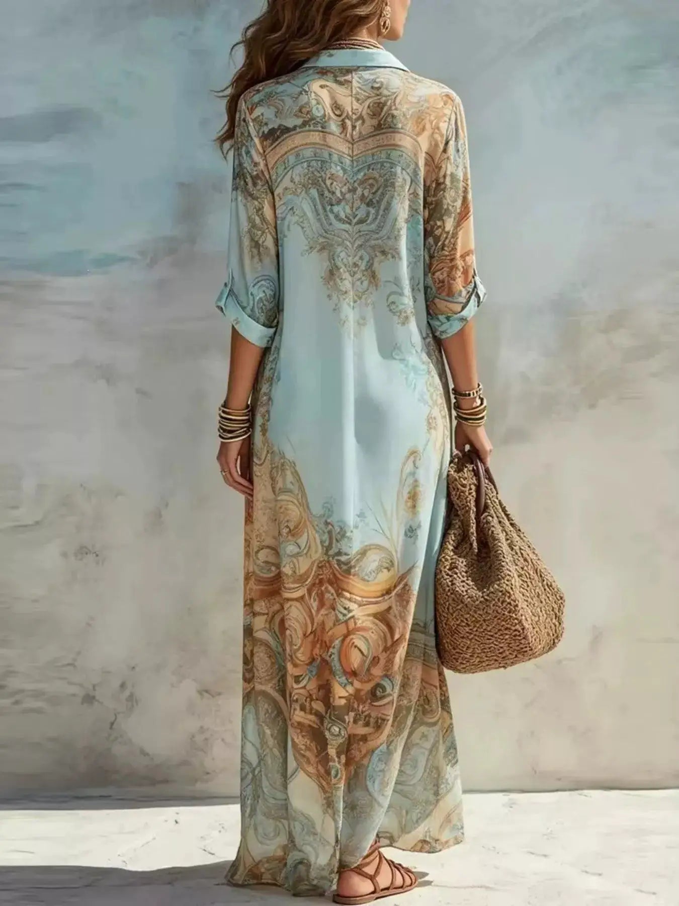 Full Size Printed Button Down Roll-Up Sleeve Shirt Maxi Dress Plus Size by Trendsi