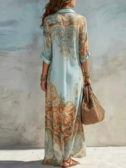 Full Size Printed Button Down Roll-Up Sleeve Shirt Maxi Dress Plus Size by Trendsi