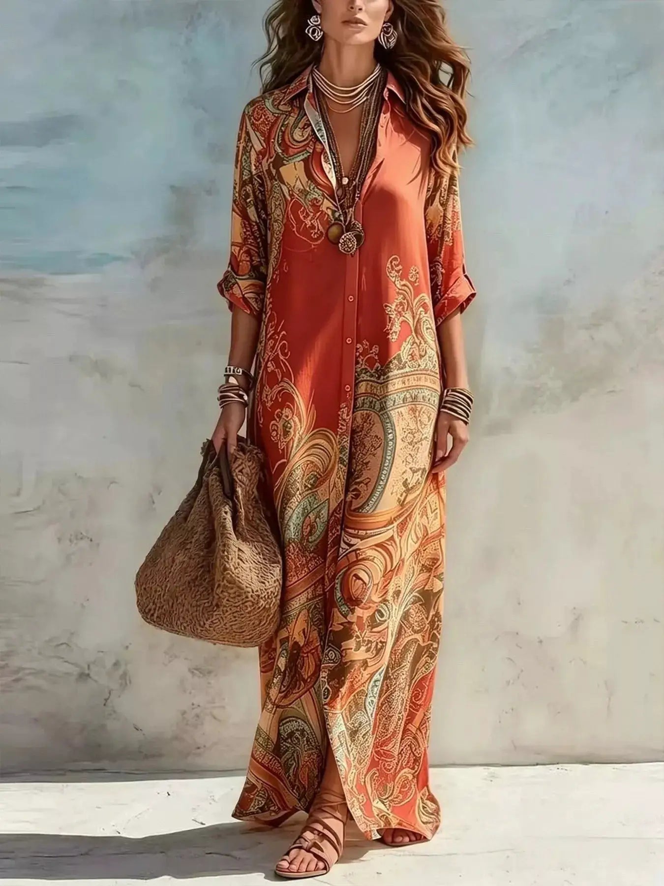 Full Size Printed Button Down Roll-Up Sleeve Shirt Maxi Dress Plus Size by Trendsi