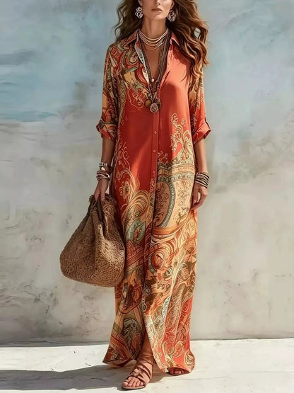 Full Size Printed Button Down Roll-Up Sleeve Shirt Maxi Dress Plus Size by Trendsi