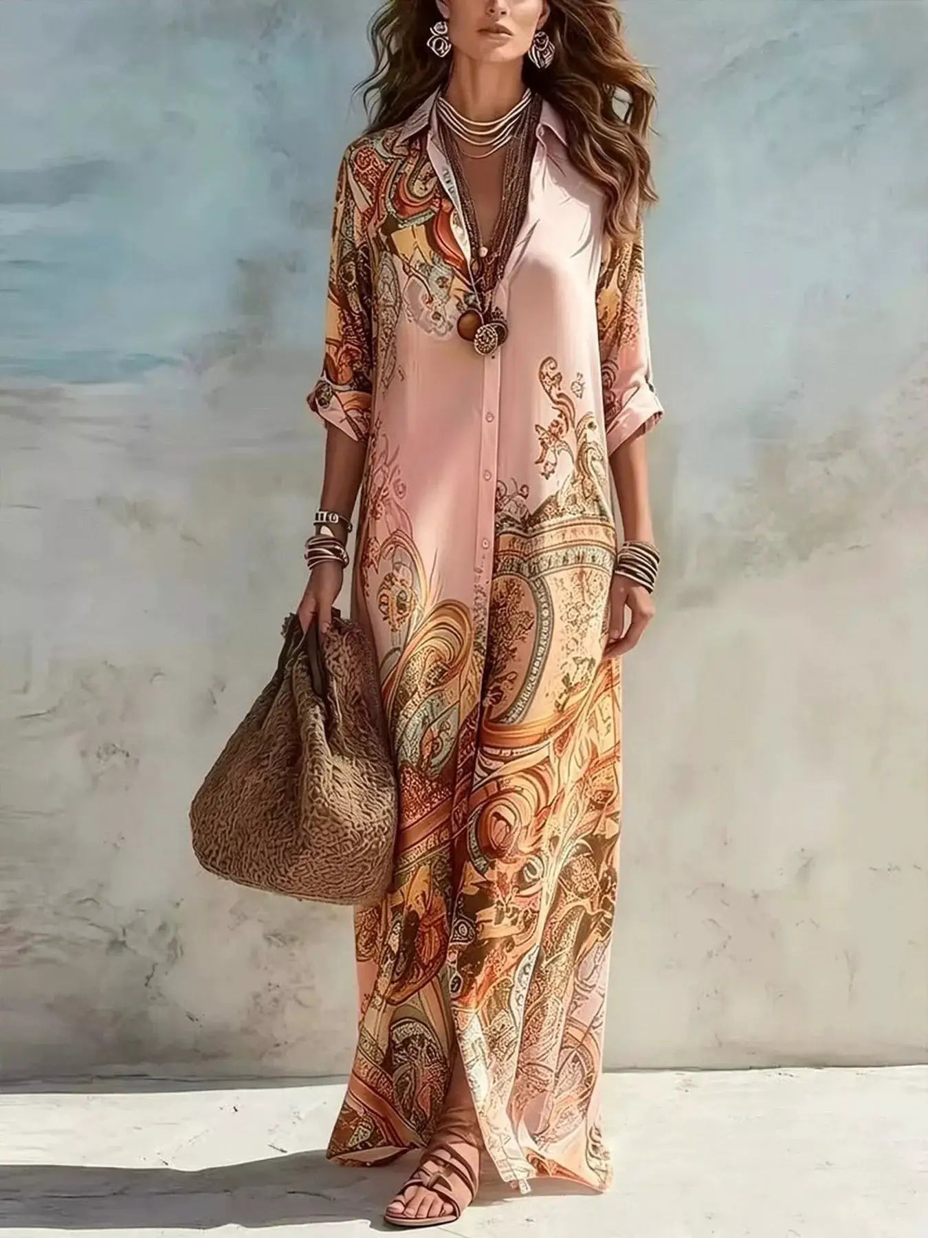 Full Size Printed Button Down Roll-Up Sleeve Shirt Maxi Dress Plus Size by Trendsi