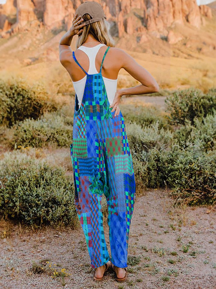 Full Size Printed V - Neck Sleeveless Jumpsuit - Bitsy Gypsy Boutique