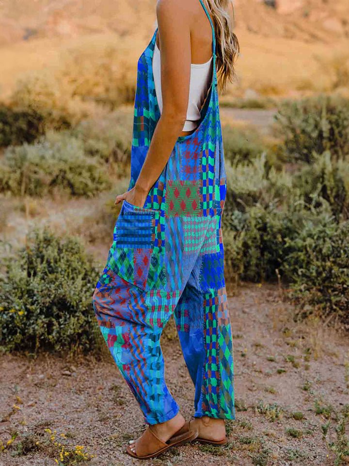 Full Size Printed V - Neck Sleeveless Jumpsuit - Bitsy Gypsy Boutique