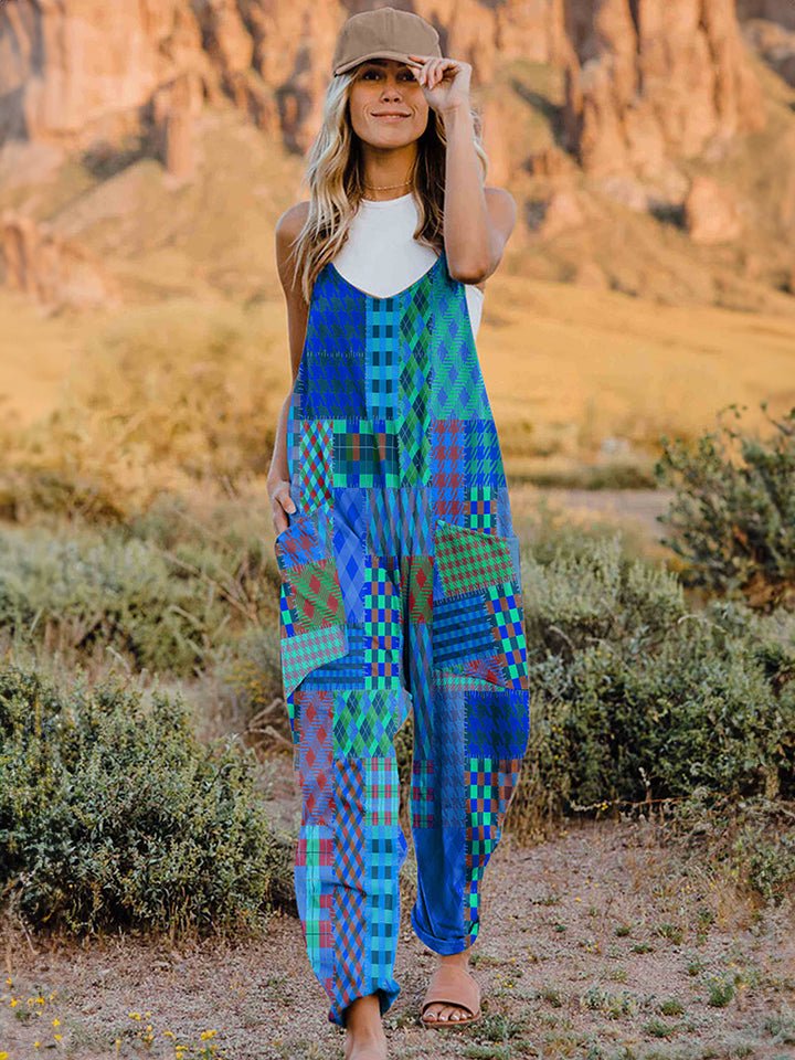 Full Size Printed V - Neck Sleeveless Jumpsuit - Bitsy Gypsy Boutique