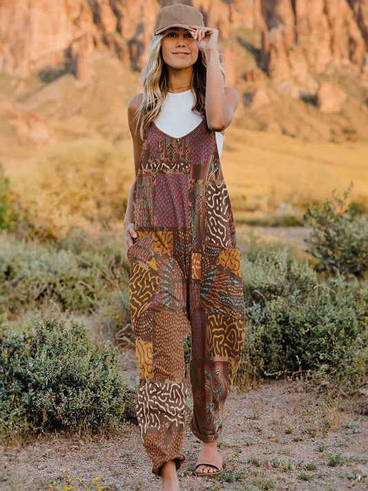 Full Size Printed V - Neck Sleeveless Jumpsuit - Bitsy Gypsy Boutique