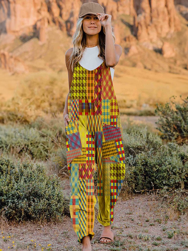 Full Size Printed V - Neck Sleeveless Jumpsuit - Bitsy Gypsy Boutique