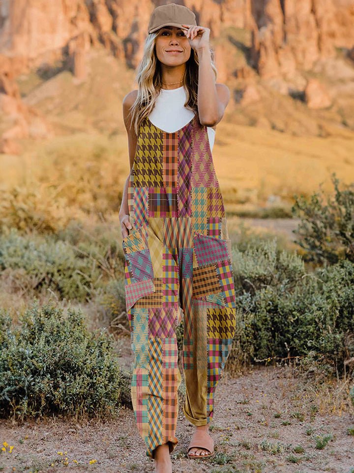 Full Size Printed V - Neck Sleeveless Jumpsuit - Bitsy Gypsy Boutique