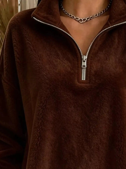 Full Size Quarter-Zip Fleece Sweatshirt Plus Size - Bitsy Gypsy Boutique