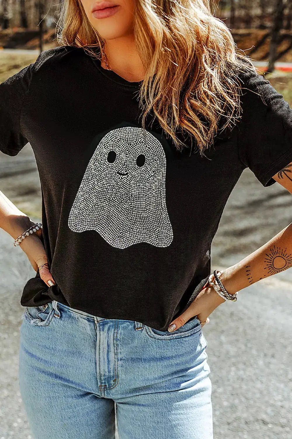 Full Size Rhinestone Ghost Round Neck T-Shirt Plus Size - Bitsy Gypsy Boutique
