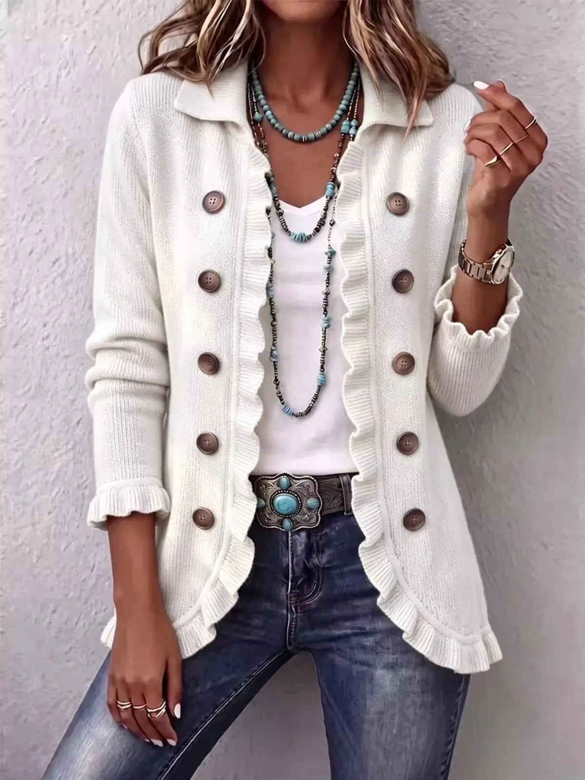 Full Size Ruffled Trim Decorative Button Cardigan Plus Size - Bitsy Gypsy Boutique