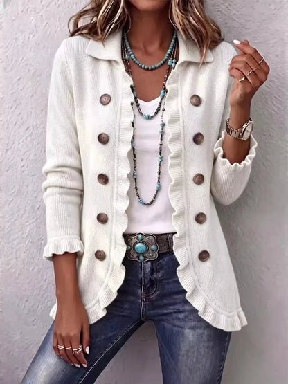 Full Size Ruffled Trim Decorative Button Cardigan Plus Size - Bitsy Gypsy Boutique